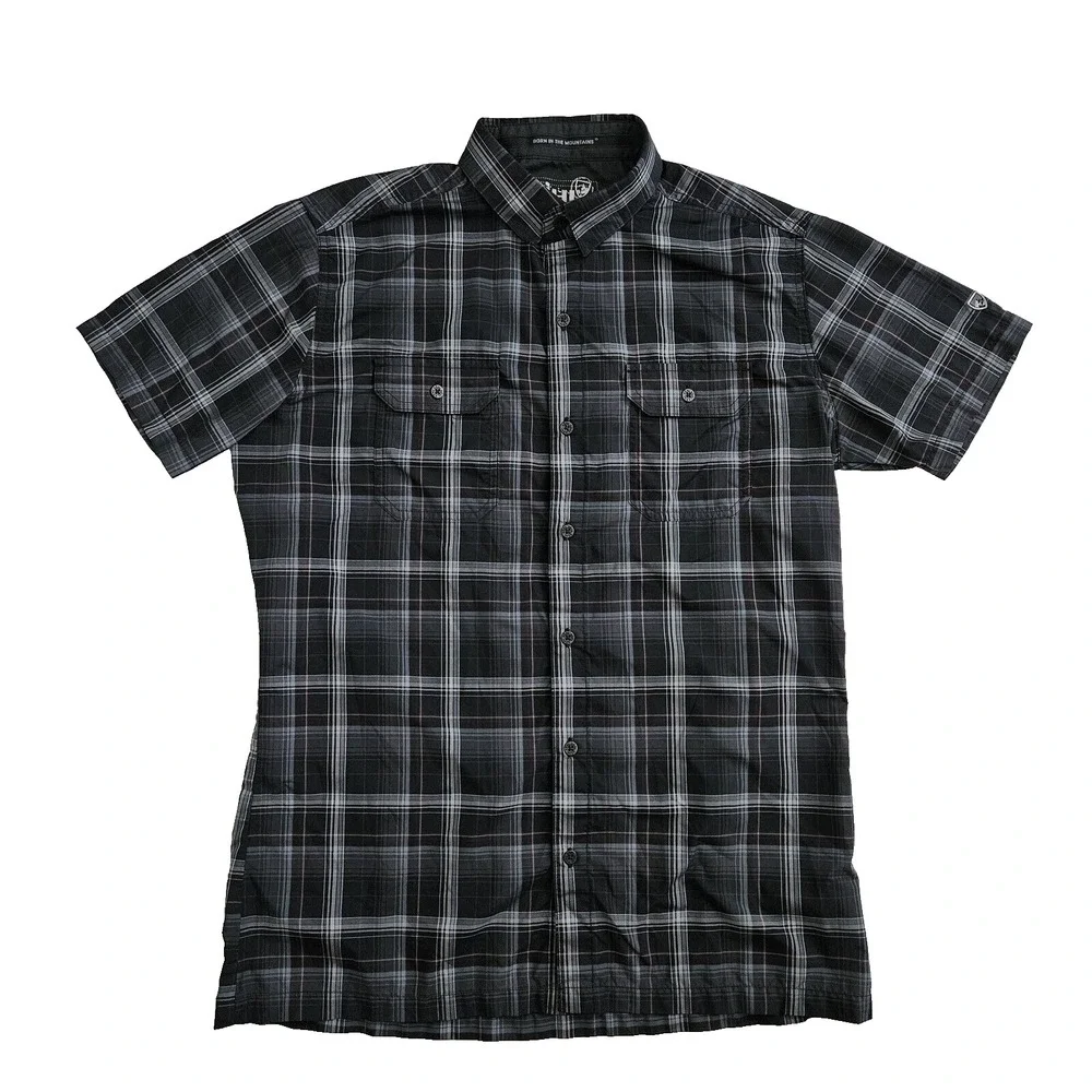 Kuhl Eluxur (Mens Small) Button Up Shirt Blue Plaid Short Sleeve Hiking Outdoors